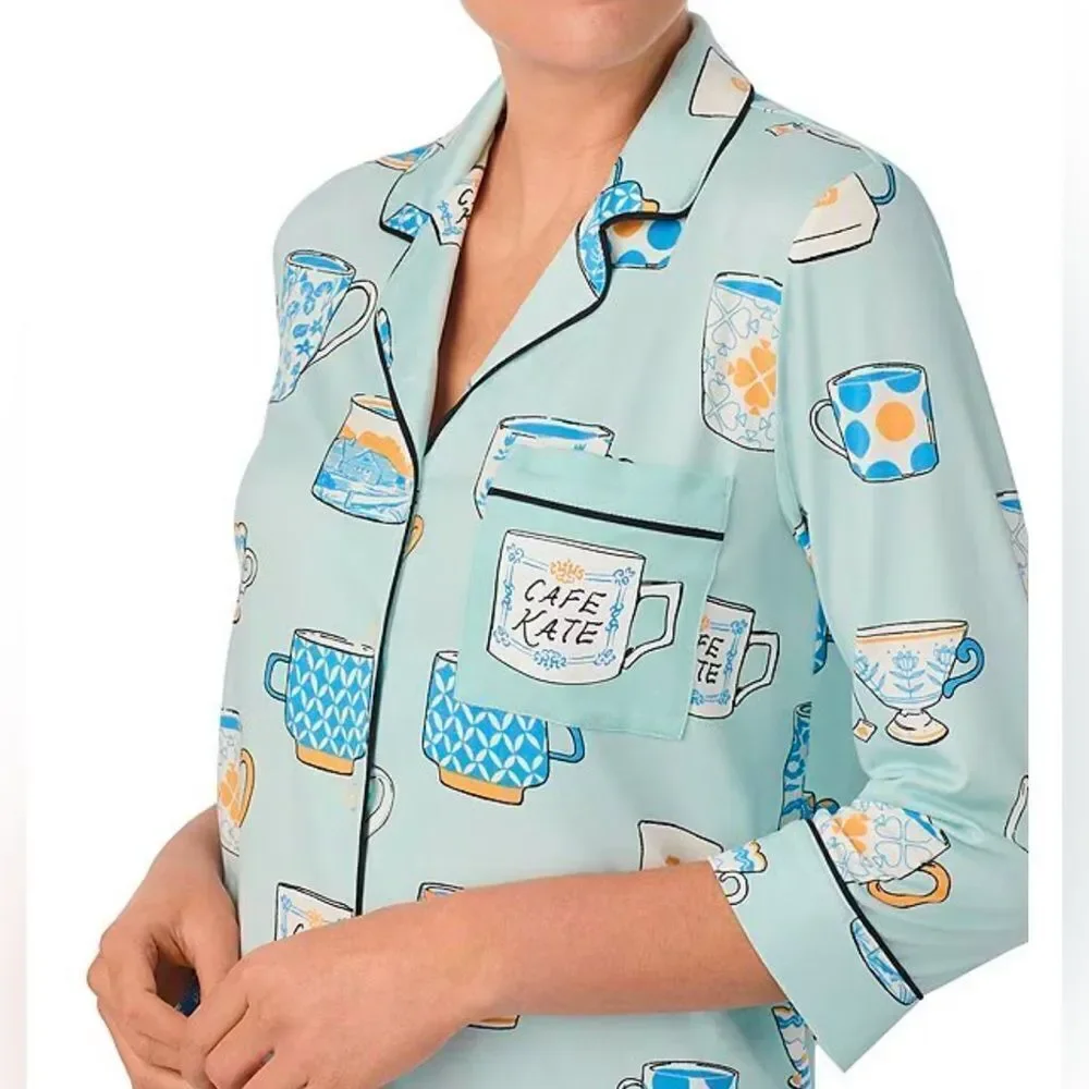 kate spade XL Light Blue Tea Coffee Print Notch Collar 3/4 Sleeve Pants PJ Set